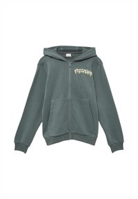 Grüne Zip-Hoodie aus weichem Stoff, mit einem Frontlogo im Graffiti-Stil, zwei frontalen Taschen und gerippten Bündchen.