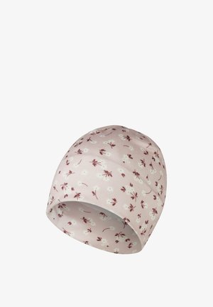 Soft pink fabric beanie hat with small white and dark pink floral pattern covering the entire surface.
