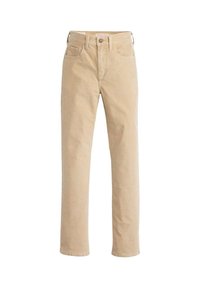 Pantalons en velours côtelé beige avec une coupe droite, cinq poches et passants de ceinture. Le tissu a une apparence douce et texturée.