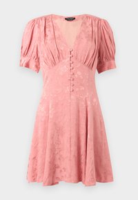 Ροζ φόρεμα από ζακάρ με λουλούδια, φουσκωτά μανίκια, κουμπιά στο μπροστινό μέρος, εφαρμοστή μέση και V-λαιμόκοψη από την Kate Spade New York.