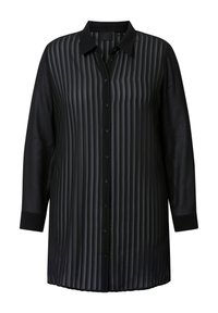 Zwarte overhemd met knopen, met een pinstripe patroon, lange mouwen en een kraag. Gladde textuur met een iets doorschijnende stof.