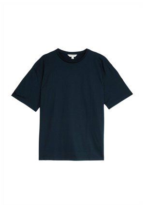 Dunkelnavyblaues kurzärmliges T-Shirt aus weichem Stoff, mit rundem Ausschnitt und lässiger Passform, ohne sichtbare Muster oder Akzente.