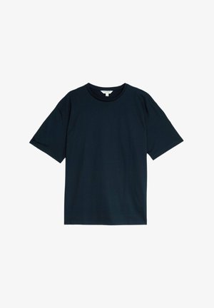Camiseta de manga corta de color azul marino oscuro, hecha de una tela suave, con un escote redondo y un corte relajado, sin patrones ni acentos visibles.