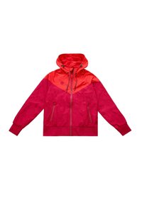 Rot und pink Kapuzenjacke mit Reißverschluss vorne, lange Ärmel, elastische Bündchen und zwei Reißverschlusstaschen auf der Vorderseite.