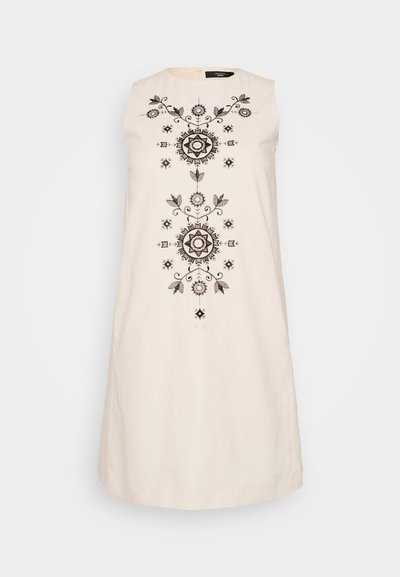 Ärmelloses cremefarbenes Kleid mit kunstvoller schwarzer Stickerei, die florale und geometrische Motive entlang der Mitte zeigt, sowie einem runden Ausschnitt.