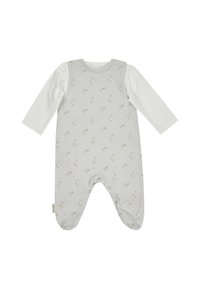 Babyschlafanzug mit beigen langen Ärmeln und grauen Füßlingen, die mit kleinen weißen Blumenmustern verziert sind.