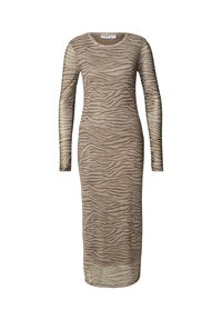 Obleka z dolgimi rokavi, oprijeta, iz prosojnega blaga z bež in rjavim črtastim vzorcem zebre, z okroglim izrezom in dolžino do gležnjev.