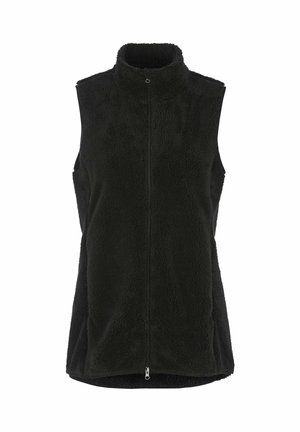 Veste polaire noire sans manches avec col montant et fermeture éclair frontale, conçue pour la chaleur et un usage décontracté.