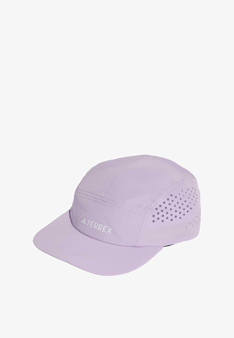 Light purple cap with a flat visor, breathable mesh side panels, and a TERREX logo on the front, made from lightweight fabric.