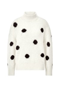 White knitted sweater with a high turtleneck, featuring large black polka dots and ribbed cuffs and hem. Soft texture and loose fit.