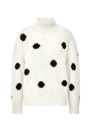 White knitted sweater with a high turtleneck, featuring large black polka dots and ribbed cuffs and hem. Soft texture and loose fit.