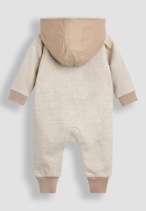 Helle beige Einteiler mit beige Kapuze, langen Ärmeln und gerippten Bündchen. Weicher, strukturierter Stoff; beinhaltet einen Druckknopfverschluss am Boden.