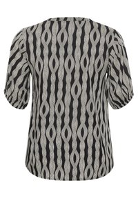 Blouse noire avec un motif ondulé blanc, manches courtes bouffantes et encolure ronde. Fabriquée dans un tissu léger avec une texture douce.