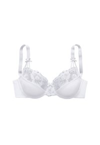 Sujeta pecho blanco con detalles de encaje floral, copas sin costuras, tirantes de satén ajustables y acentos de lazo. Tejido suave y diseño de soporte.