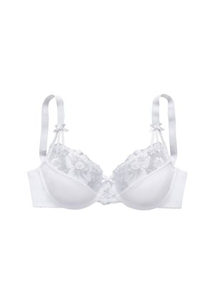 Soutien-gorge blanc avec des détails en dentelle florale, bonnets sans coutures, bretelles en satin réglables et accents en nœud. Tissu doux et design soutenant.