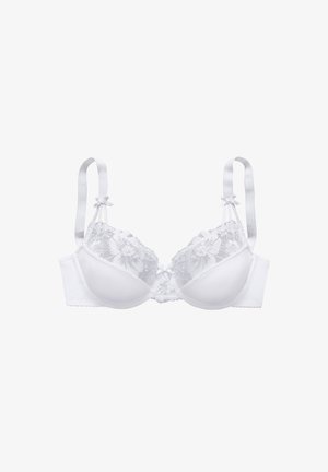 White bra with floral lace detailing, seamless cups, adjustable satin straps, and bow accents. Soft fabric and supportive design.