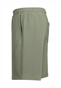 Khaki green cotton shorts with an elastic waistband, side pockets, and a small logo. Smooth texture, knee-length design.