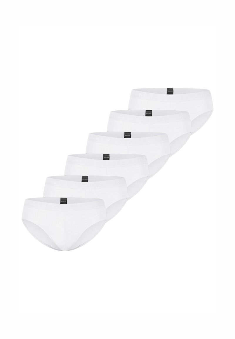 Białe bawełniane slipy w zestawie sześciu sztuk o gładkiej fakturze i podszewce w pasie. Każda para ma małe czarne logo z przodu.