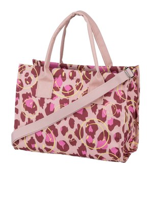 Pink tote bag with double handles and adjustable shoulder strap, featuring a leopard print pattern with yellow circular accents.