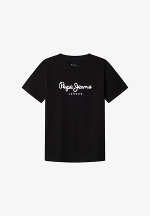 Zwarte katoenen T-shirt met korte mouwen, met het "Pepe Jeans LONDON" logo in het wit, centraal op de voorkant geplaatst.