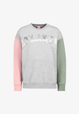 Grauer Pullover mit "ATLANTA" in silberner Folie über der Brust, mit einem pinken Ärmel und einem grünen Ärmel. Größe M.