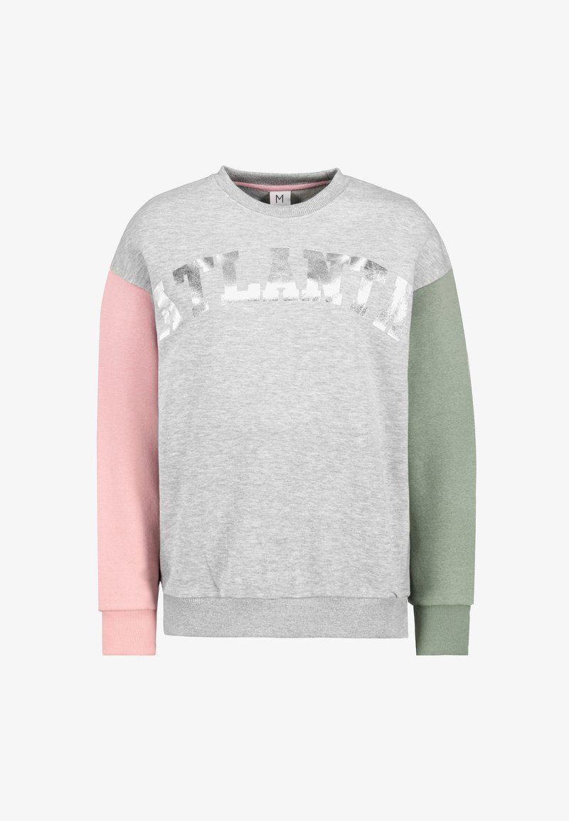 Grauer Pullover mit "ATLANTA" in silberner Folie über der Brust, mit einem pinken Ärmel und einem grünen Ärmel. Größe M.