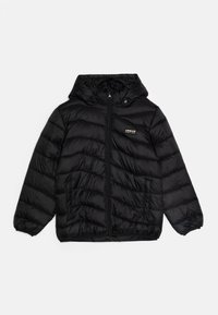 Black puffer jacket with a hood, zip closure, and ribbed cuffs. Features quilted texture and "URBAN STREET GEAR" logo on the chest.