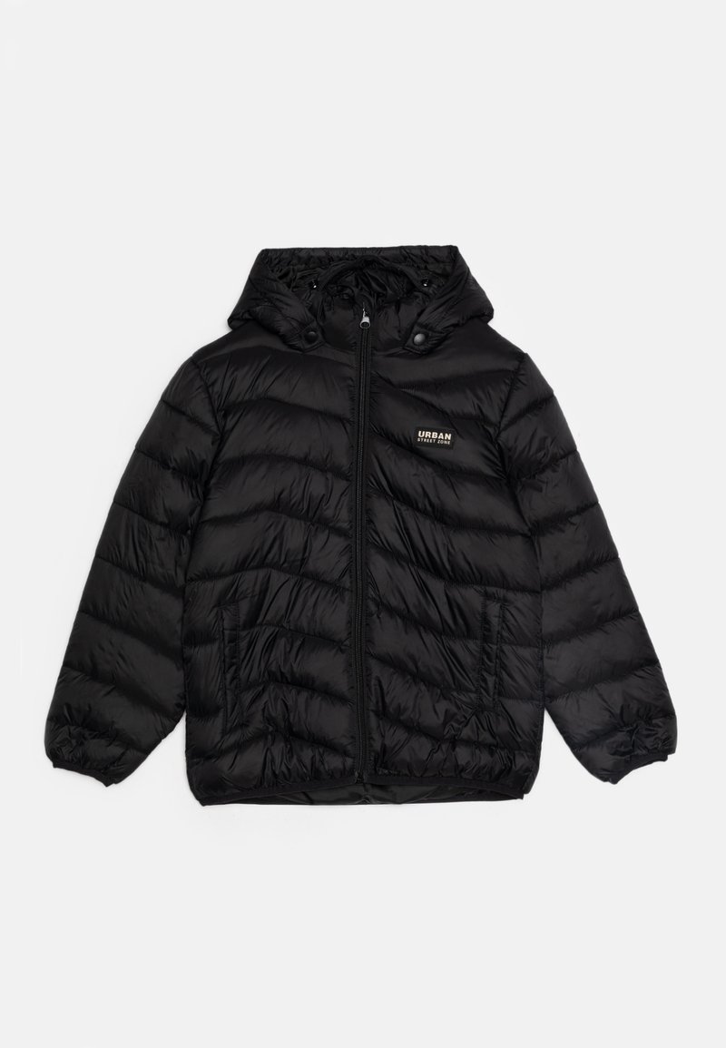 Black puffer jacket with a hood, zip closure, and ribbed cuffs. Features quilted texture and "URBAN STREET GEAR" logo on the chest.