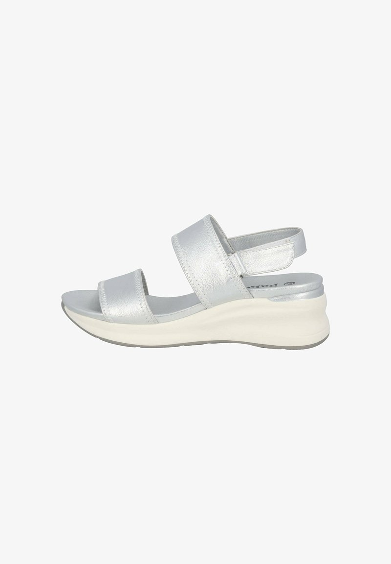 Silver leather sandals with two strap design, cushioned footbed, and a white wedge sole. Adjustable ankle strap for secure fit.
