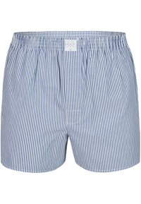 Boxers en coton pour homme avec des rayures verticales bleues et blanches, une taille élastique et une petite poche arrière avec des détails de couture contrastants.