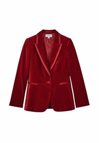 Rød fløjl blazer med satin revers og en enkelt knaplukning. Har en brystlomme, sidelommer og slanke linjer for et skræddersyet look.