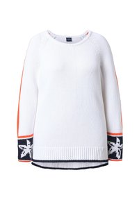 Maglione bianco lavorato a maglia con striscia arancione sulle maniche, collo e polsini a coste. Presenta accenti blu scuro con un motivo floreale a maglia.