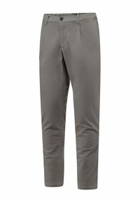Pantaloni grigi leggeri con un tessuto testurizzato, vestibilità affusolata, due tasche frontali e chiusura con un bottone in vita.