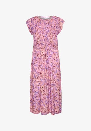 Lila- und rosa gemustertes Kleid mit kurzen Kappenärmeln, Rundhalsausschnitt und geraffter Taille. Aus leichtem Stoff gefertigt, mittellanges Design.