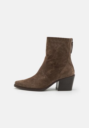Bottines en daim marron avec un bout pointu, une fermeture éclair à l'arrière et un talon épais. Texture lisse avec des détails de couture subtils.
