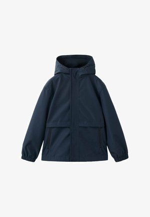 Chaqueta con capucha azul marino con puños elásticos, cremallera frontal, solapa que cubre la cremallera y bolsillos laterales con cremallera.