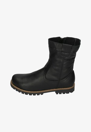 Schwarze Leder-Stiefelette mit runder Zehenform, strukturiertem Obermaterial, Reißverschluss und einer Gummisohle mit einem Profilraster.