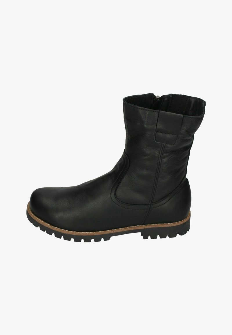 Black leather ankle boot with a rounded toe, textured surface, zip closure, and a rubber sole featuring a lug tread pattern.