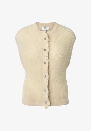 Kreminės spalvos megztinis cardigan su apvaliu iškirpimu, raukšlėtu mygtukų užsegimu ir dekoratyviniais mygtukais. Minkšta tekstūra, be rankovių dizainas.