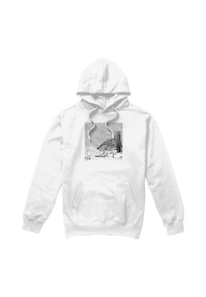 White hoodie with a black and white graphic of a surreal landscape featuring buildings, trees, and a flowing river under a swirling sky.