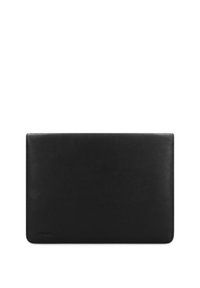 Black leather laptop sleeve with a smooth texture, rectangular shape, and minimal design. Features subtle branding and rounded corners.