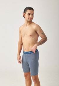 Boxer shorts rayés bleu et blanc avec une taille douce, un design ajusté et une texture lisse. Portés par un mannequin masculin sur un fond neutre.