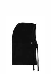 Czarny prążkowany dzianinowy kaptur o wydłużonym kształcie, z troczkami po bokach i małą metalową metką z logo. Miękka tekstura.