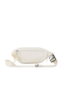 Marsupio in tessuto bianco sporco, dotato di un compartimento con zip, un design piatto e una tracolla regolabile con fibbia metallica.
