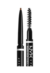 Crayon à sourcils Micro de NYX avec une pointe fine marron et une brosse spoolie, présentant un boîtier noir élégant avec du texte et des accents blancs.