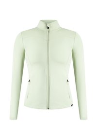 Chaqueta verde claro con cuello alto, cremallera completa en la parte delantera y bolsillos laterales. Tela suave y elástica y diseño ajustado que mejora la movilidad.