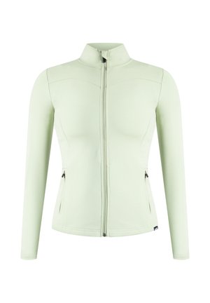 Lys grøn jakke med høj krave, fuld lynlås foran og sidelommer. Glat, elastisk stof og tætsiddende design forbedrer bevægelsesfriheden.