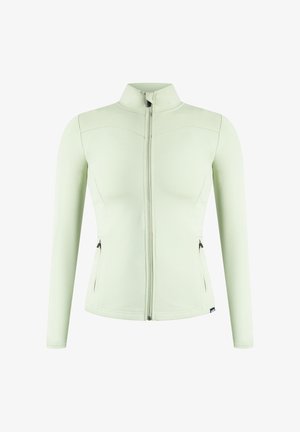 Lys grøn jakke med høj krave, fuld lynlås foran og sidelommer. Glat, elastisk stof og tætsiddende design forbedrer bevægelsesfriheden.