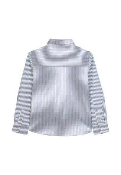 Gestreepte langslijf shirt in lichtblauw en wit, met een kraag, knoopmanchetten en een rechte achterkant met subtiele textuur.