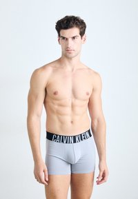 Sive bokserice s crnim elastičnim pojasom Calvin Klein, prilagođenog dizajna, glatke teksture i dužine do sredine bedara.